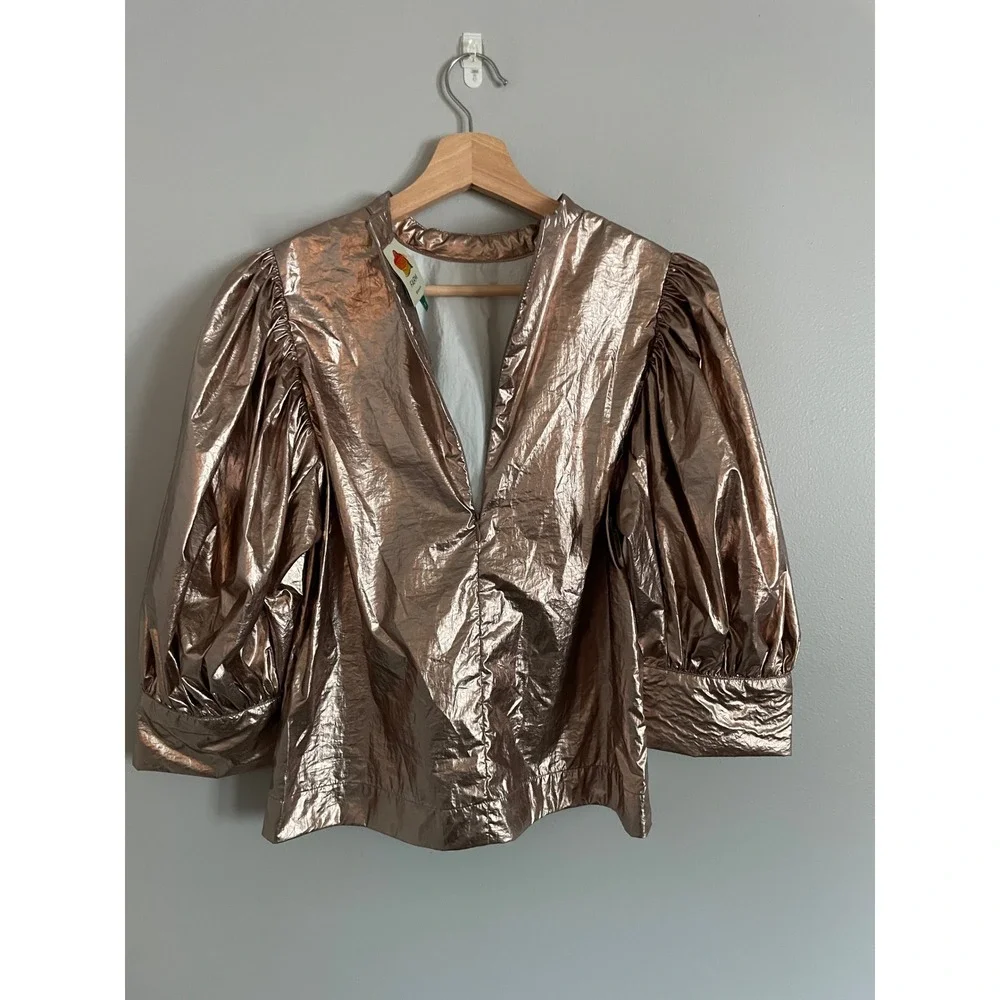Farm Rio Metallic Blouse Womens S Bronze Rose Gold Puff Sleeve Glam Party Top